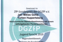 Urkunde ZfG-Sonderpreis Gehla-Huppertsberg